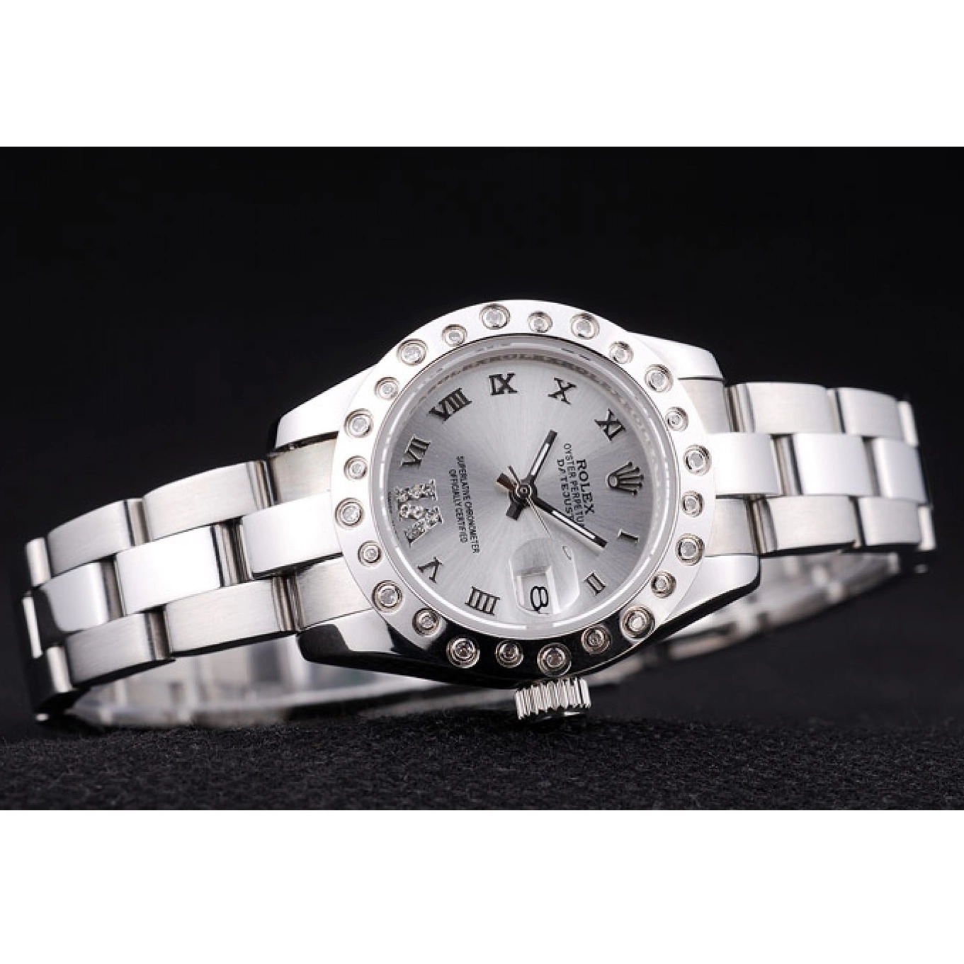 Aaa replica watch 7474 Dial Datejust Silver Bezel Diamonds Silver Polished Rolex 0620